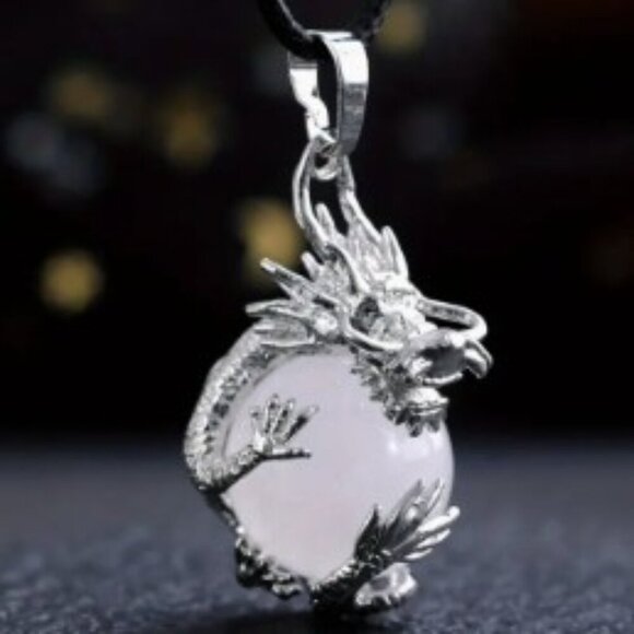 Unisex Natural Stone Crystal Dragon Wrapped Ball Pendant Necklace PU Leather - Picture 1 of 9